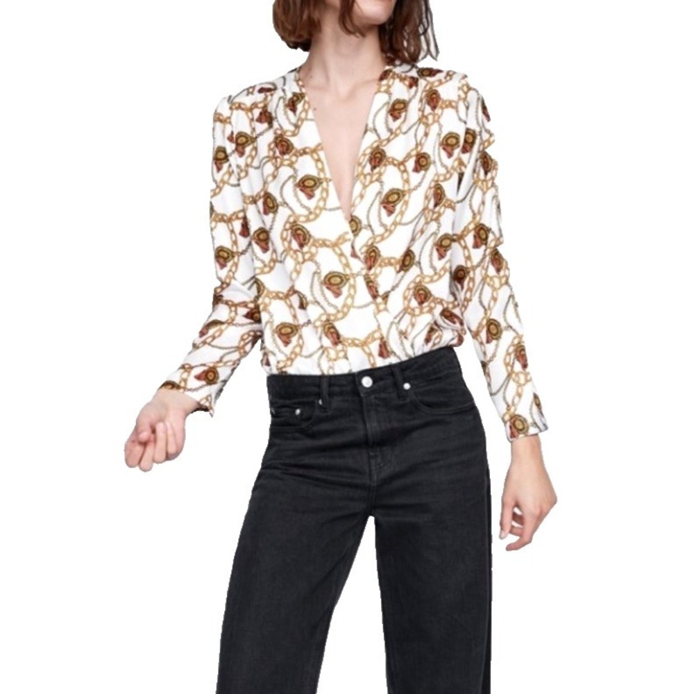 Zara Chain Design Bodysuit Blouse Wrap Top Long Sleeve Size XL